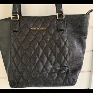 Vera Bradley Black Quilted Leather Tote with Gold Hardware